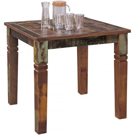 Table de salle à manger rustique avec motif sculpté, bois massif, Couleur : Manguier - Dimensions : 80 x 80 cm (l x p)