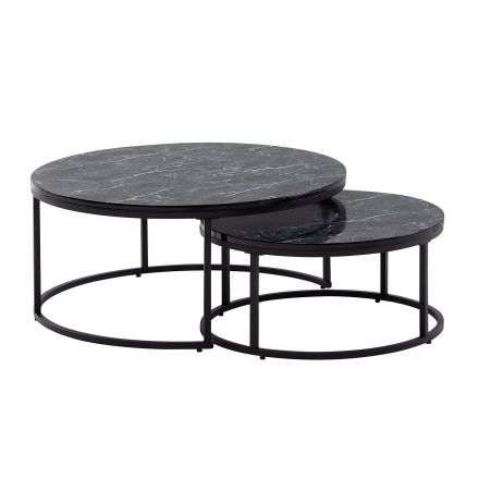 Set de 2 tables de salon rondes, Couleur : Aspect Marbre / Noir - Dimensions : 80 x 80 x 36 cm et 60 x 60 x 26 cm (L x P x H)