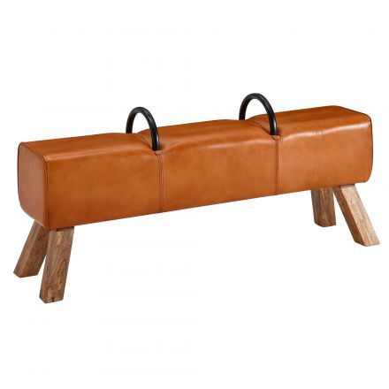 Banc en cuir véritable et bois massif, Couleur : Brun / Mangue - Dimensions : 60,5 x 133 x 34 cm (H x L x P)