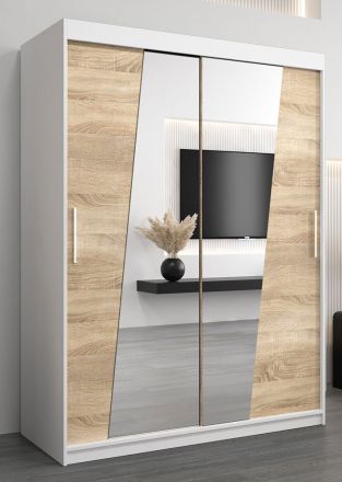 Armoire à portes coulissantes / Penderie Guajara 04 avec miroir, Couleur : Blanc mat / Chêne de Sonoma - Dimensions : 200 x 180 x 62 cm (H x L x P)
