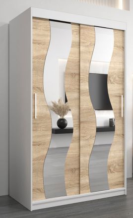 Armoire à portes coulissantes / Penderie Hacho 02 avec miroir, Couleur : Blanc mat / Chêne de Sonoma - Dimensions : 200 x 120 x 62 cm ( H x L x P)