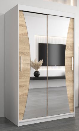 Armoire à portes coulissantes / Penderie Serbota 02 avec miroir, Couleur : Blanc mat / Chêne de Sonoma - Dimensions : 200 x 120 x 62 cm ( H x L x P )