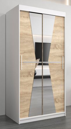 Armoire à portes coulissantes / Penderie Naranco 01 avec miroir, Couleur : Blanc mat / Chêne de Sonoma - Dimensions : 200 x 100 x 62 cm ( H x L x P)