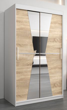 Armoire à portes coulissantes / Penderie Naranco 02 avec miroir, Couleur : Blanc mat / Chêne de Sonoma - Dimensions : 200 x 120 x 62 cm ( H x L x P)