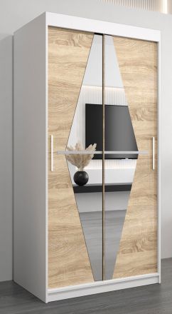 Armoire à portes coulissantes / Penderie Alphubel 01 avec miroir, Couleur : Blanc mat / Chêne de Sonoma - Dimensions : 200 x 100 x 62 cm ( H x L x P)