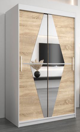Armoire à portes coulissantes / Penderie Alphubel 02 avec miroir, Couleur : Blanc mat / Chêne de Sonoma - Dimensions : 200 x 120 x 62 cm ( H x L x P)