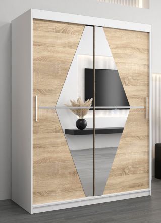 Armoire à portes coulissantes / Penderie Alphubel 03 avec miroir, Couleur : Blanc mat / Chêne de Sonoma - Dimensions : 200 x 150 x 62 cm ( H x L x P)