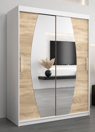 Armoire à portes coulissantes / Penderie Calvitero 03 avec miroir, Couleur : Blanc mat / Chêne de Sonoma - Dimensions : 200 x 150 x 62 cm ( H x L x P)
