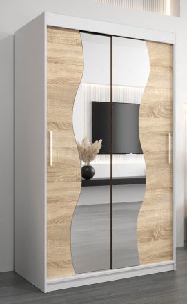 Armoire à portes coulissantes / Penderie Robinyera 02 avec miroir, Couleur : Blanc mat / Chêne de Sonoma - Dimensions : 200 x 120 x 62 cm ( H x L x P)