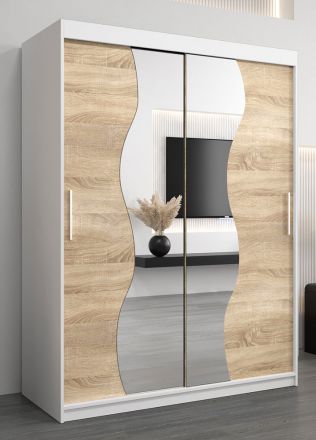 Armoire à portes coulissantes / Penderie Robinyera 03 avec miroir, Couleur : Blanc mat / Chêne de Sonoma - Dimensions : 200 x 150 x 62 cm ( H x L x P)