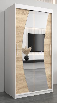 Armoire à portes coulissantes / Penderie Combin 01 avec miroir, Couleur : Blanc mat / Chêne de Sonoma - Dimensions : 200 x 100 x 62 cm (H x L x P)