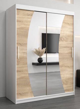 Armoire à portes coulissantes / Penderie Combin 03 avec miroir, Couleur : Blanc mat / Chêne de Sonoma - Dimensions : 200 x 150 x 62 cm (H x L x P)