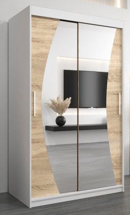 Armoire à portes coulissantes / Penderie Combin 02 avec miroir, Couleur : Blanc mat / Chêne de Sonoma - Dimensions : 200 x 120 x 62 cm (H x L x P)