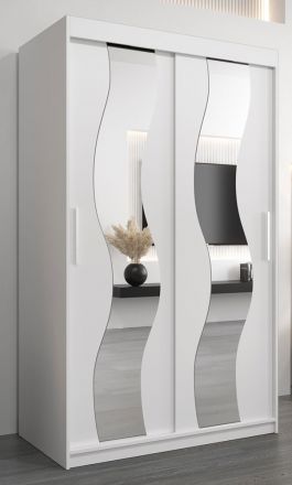 Armoire à portes coulissantes / Penderie Hacho 02 avec miroir, Couleur : Blanc mat - Dimensions : 200 x 120 x 62 cm ( H x L x P)