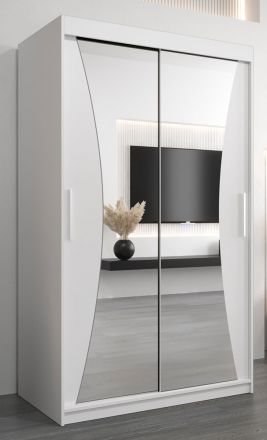 Armoire à portes coulissantes / Penderie Serbota 02 avec miroir, Couleur : Blanc mat - Dimensions : 200 x 120 x 62 cm ( H x L x P )
