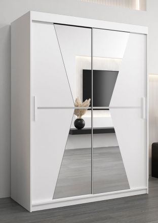 Armoire à portes coulissantes / Penderie Naranco 03 avec miroir, Couleur : Blanc mat - Dimensions : 200 x 150 x 62 cm ( H x L x P)