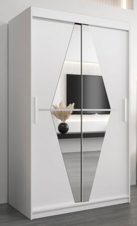 Armoire à portes coulissantes / Penderie Alphubel 02 avec miroir, Couleur : Blanc mat - Dimensions : 200 x 120 x 62 cm ( H x L x P)