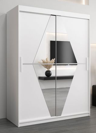 Armoire à portes coulissantes / Penderie Alphubel 03 avec miroir, Couleur : Blanc mat - Dimensions : 200 x 150 x 62 cm ( H x L x P)