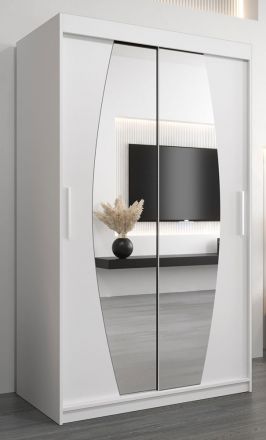Armoire à portes coulissantes / Penderie Calvitero 02 avec miroir, Couleur : Blanc mat - Dimensions : 200 x 120 x 62 cm ( H x L x P)