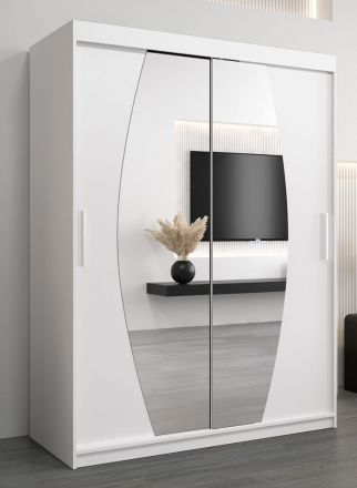 Armoire à portes coulissantes / Penderie Calvitero 03 avec miroir, Couleur : Blanc mat - Dimensions : 200 x 150 x 62 cm ( H x L x P)