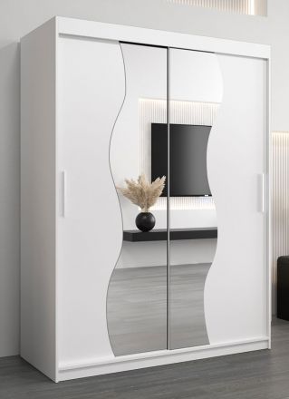 Armoire à portes coulissantes / Penderie Robinyera 03 avec miroir, Couleur : Blanc mat - Dimensions : 200 x 150 x 62 cm ( H x L x P)
