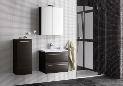 Meubles de salle de bains - Set X Rajkot, 3 pièces y compris lavabo / évier, couleur : chêne noir