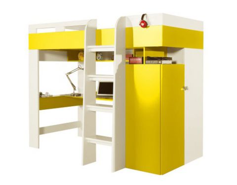 Lit fonctionnel / lit d'enfant / lit mezzanine avec base de lit et bureau "Geel" 41 Blanc / jaune - couchette 90 x 200 cm (L x l)