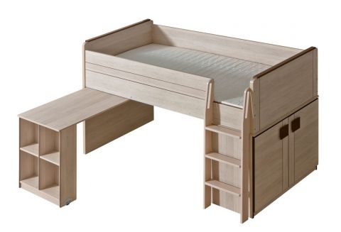 Lit fonctionnel / lit d'enfant / lit mezzanine - combinaison avec le sommier et le bureau Elias 15, couleur : marron clair / marron - surface de couchage : 90 x 200 cm (l x L)