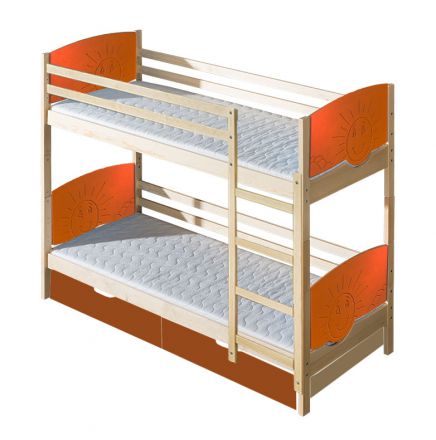 Lit d'enfant / lit superposé Milo 31 avec 2 tiroirs, couleur : nature / orange soleil, partiellement massif, couchette : 80 x 190 cm (L x l), divisible