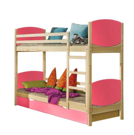Lit d'enfant / lit superposé Milo 31 avec 2 tiroirs, couleur : nature / coeur rose, partiellement massif, couchette : 80 x 190 cm (l x l), divisible