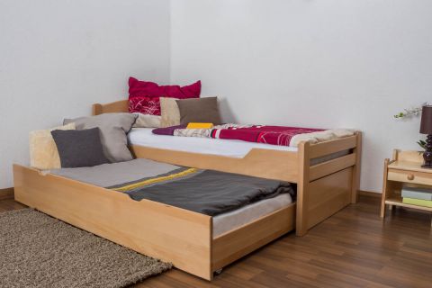 Lit simple / Lit fonctionnel "Easy Premium Line" K1/h Voll incl. 2ème couchette et 2 panneaux de recouvrement, 90 x 200 cm bois de hêtre massif naturel