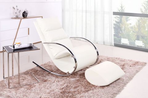 Chaise à bascule avec tabouret Luanda 28, couleur : blanc - Dimensions : 111 x 67 x 102 cm (h x l x p)