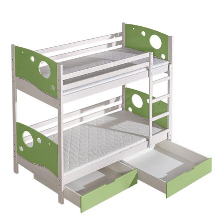 Lit d'enfant / lit superposé Milo 27 avec 2 tiroirs, couleur : blanc / vert, partiellement massif, couchette : 80 x 190 cm (L x l), divisible