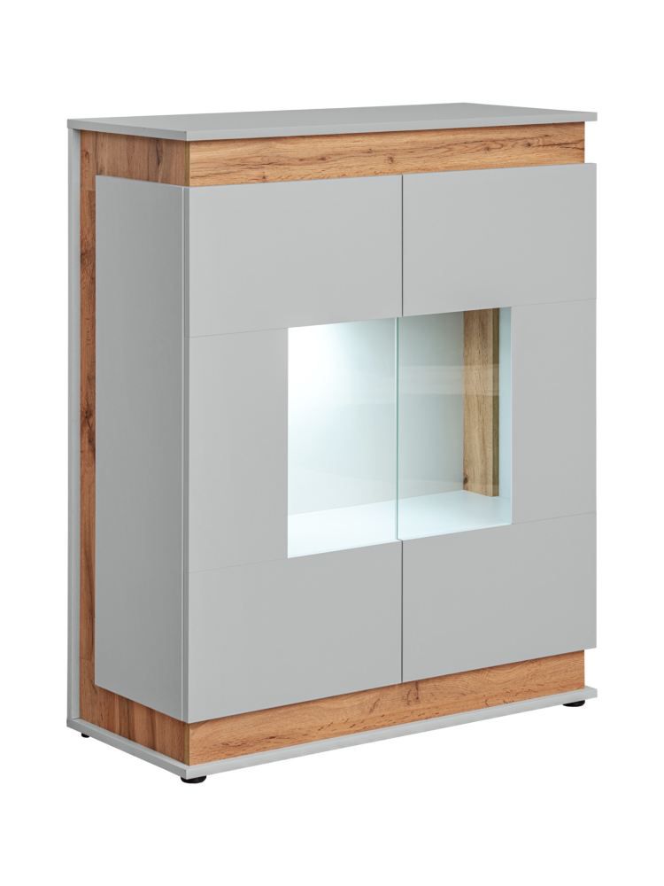 Petite vitrine Asheim 03, couleur : gris / chêne Artisan - dimensions : 111 x 90 x 40 cm (h x l x p), avec éclairage LED