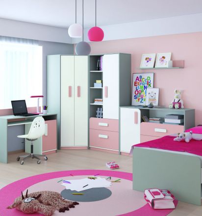 Chambre d'enfant complète - Set A Renton, 6 pièces, couleur : gris platine / blanc / rose poudré