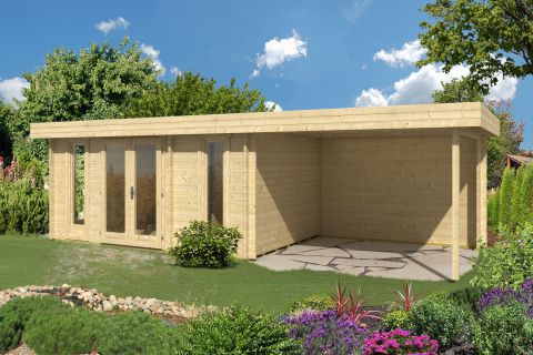 Abri de jardin Schönwipfel 03 avec toit rapporté, plancher inclus - Maison en madriers de 40 mm, Surface au sol : 22,5 m², Toit plat