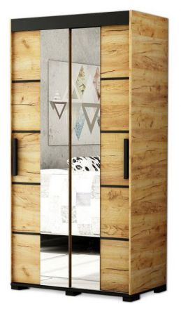 Armoire à portes coulissantes / Penderie Wildstrubel 3F avec miroir, Couleur : Chêne / Noir - Dimensions : 195 x 150,5 x 62 cm ( H x L x P)