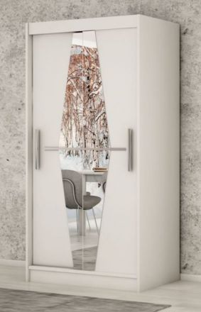 Armoire à portes coulissantes / Penderie Alphubel 01 avec miroir, Couleur : Blanc mat - Dimensions : 200 x 100 x 62 cm ( H x L x P)