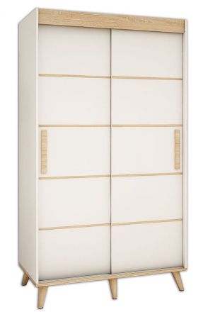 Armoire à portes coulissantes / Penderie Perdito 03F, Couleur : blanc mat / Hêtre - Dimensions : 208 x 150,5 x 62 cm ( H x L x P)