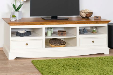 Meuble bas TV Gyronde 10, pin massif, Couleur : Blanc / Chêne - 53 x 167 x 53 cm (H x L x P)