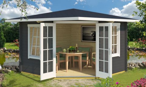 Abri de jardin G246 Gris carbone avec plancher - 40 mm Maison en madriers, Surface au sol : 9 m², Toit en toile