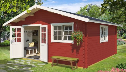 Abri de jardin G52 Rouge suédois avec plancher - 40 mm Maison en madriers, surface au sol : 23,50 m², Toit à deux versants