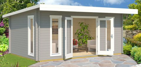 Abri de jardin G18 Gris clair avec plancher - 44 mm Maison en madriers, Surface au sol : 17,50 m², Toit à une pente