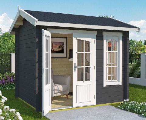 Abri de jardin G222 Gris carbone avec plancher - 44 mm Maison en madriers, surface au sol : 4,61 m², Toit à deux versants