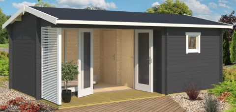 Abri de jardin G154 Gris carbone avec plancher et terrasse - 44 mm Maison en madriers, surface au sol : 21,27 m², Toit à deux versants