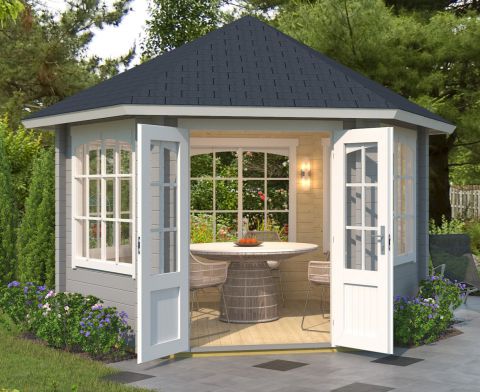 Abri de jardin G65 Gris clair avec plancher - 44 mm Maison en madriers, surface au sol : 7,30 m², Toit en toile
