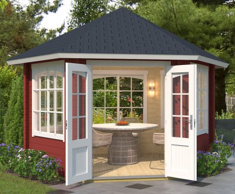 Abri de jardin G65 Rouge suédois avec plancher - 44 mm Maison en madriers, surface au sol : 7,30 m², Toit en toile