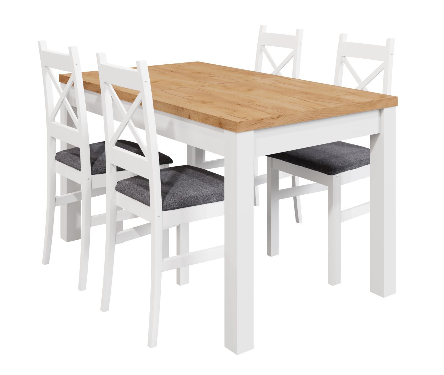 Table de salle à manger à ralonge Temerin 35 avec 4 chaises en bois massif, Chêne doré Craft / Blanc mat, rembourrage confortable et doux de l'assise, design attrayant