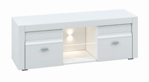 Meuble bas de télévision Heber 10, couleur : blanc / blanc brillant - Dimensions : 50 x 138 x 42 cm (H x L x P), avec 2 portes et 4 compartiments