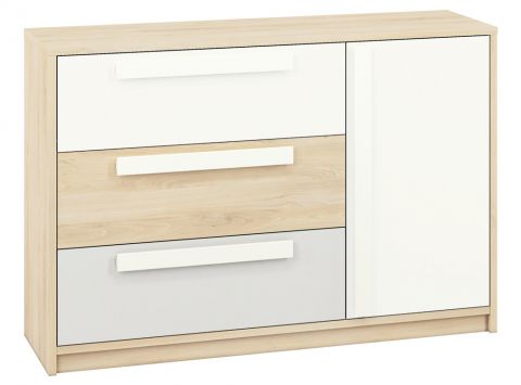 Chambre d'adolescents - Commode Greeley 08, couleur : hêtre / blanc / gris clair - Dimensions : 93 x 138 x 40 cm (H x L x P), avec 1 porte, 3 tiroirs et 2 compartiments